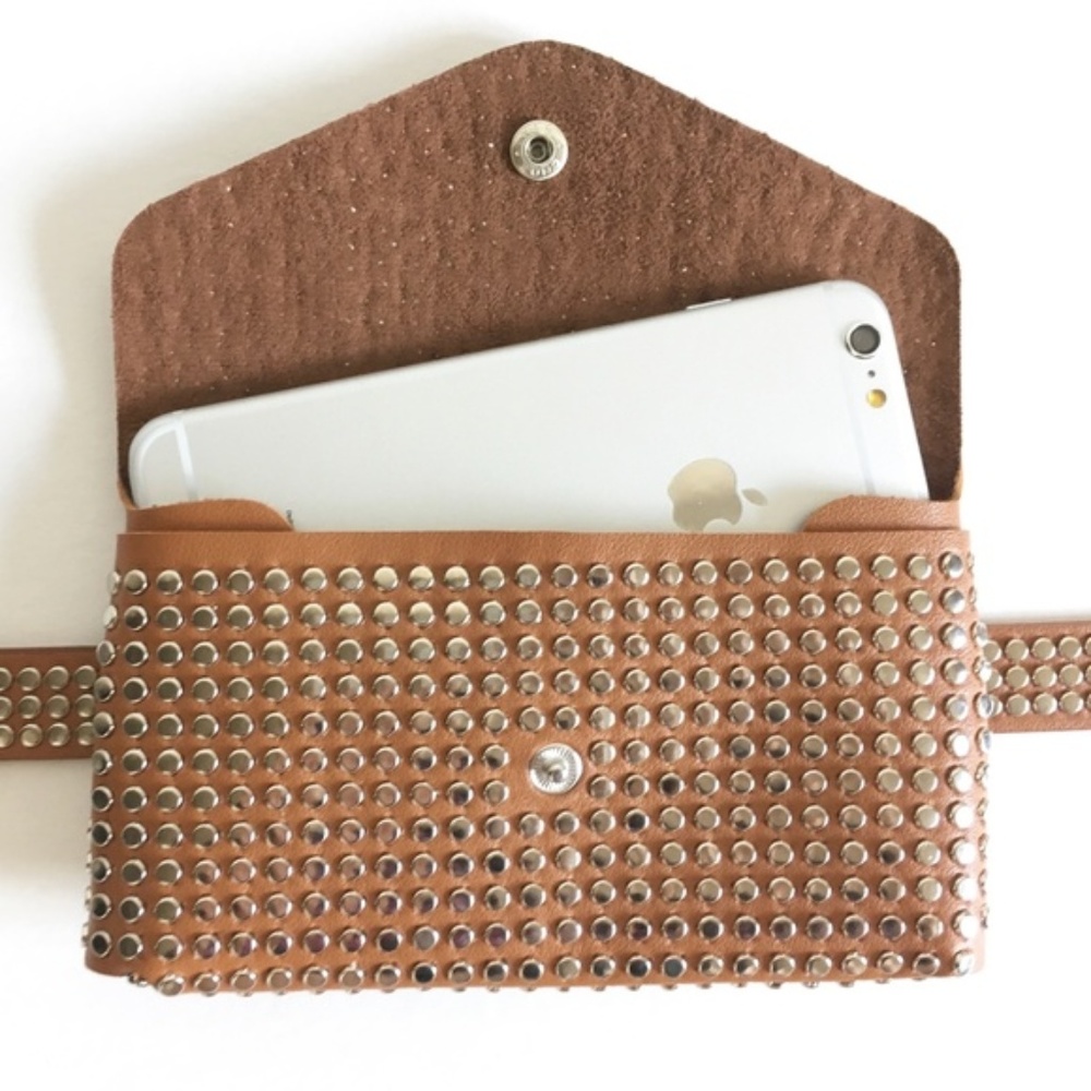 Brown Fanny Pack Waist Bag Studded Faux Leather - Picture 7 of 8